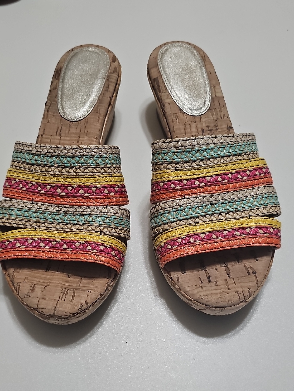 Eric Javits Multicolor Braided Cork Espadrilles Slide Sandals